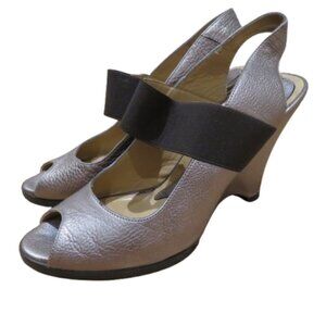 MARNI Pebbled Leather Peep Toe Wedge Sandal Shoes in Silver Avant Garde Designer